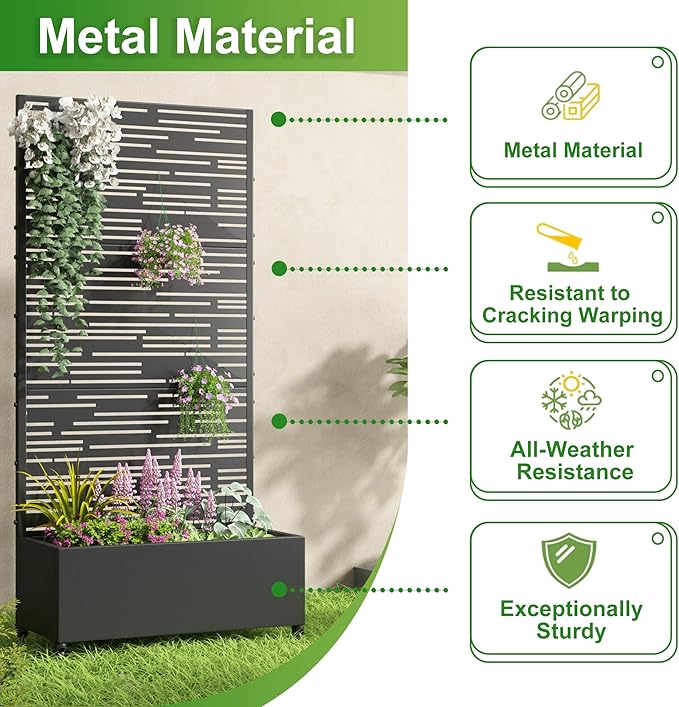 Casaphoria Metal Raised Garden Bed with Trellis and Wheels, 72"x47"x16" Planter Box for Climbing Plants, Vegetables & Vines, Features Drainage Holes and Privacy Screen, Black-Shine