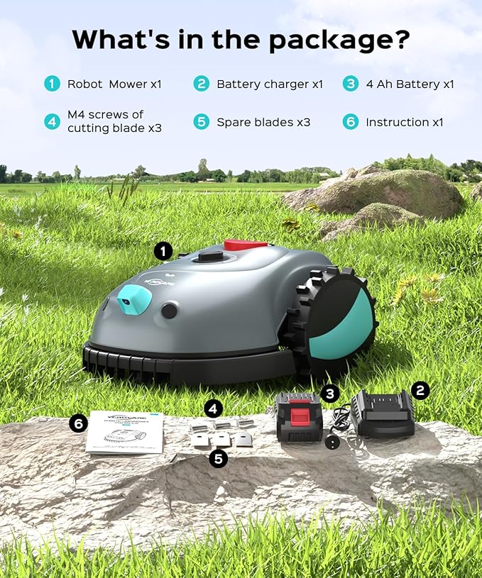 V100 Robotic Lawn Mower with Vision Navigation, Spot Spiral Mowing, Obstacle Avoidance, Adjustable Cutting Height, Low Noise, Ideal for Small Lawns