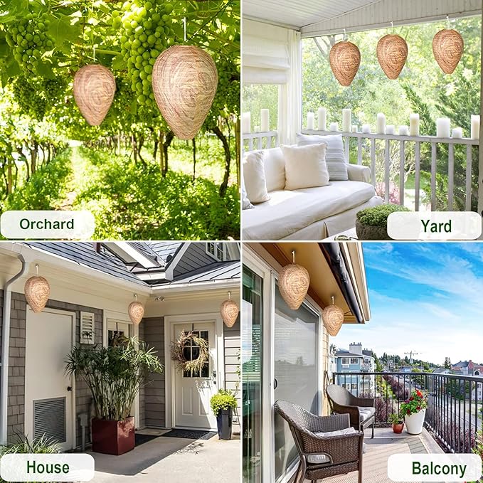 DECYOOL 6 Pack Wasp Nest Decoy Hanging Wasp for Wasps Hornets Yellow Jackets Outdoor Waterproof Material (Dark Brown)