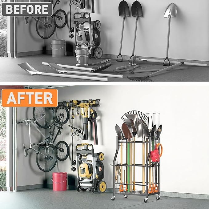 TORACK Garden Tool Organizer with Wheels, Rakes Shovels Yard Tools Stand for Garage, Shed, Garden, Indoor/Outdoor Long-Handled Tools Cart(Mid-size)