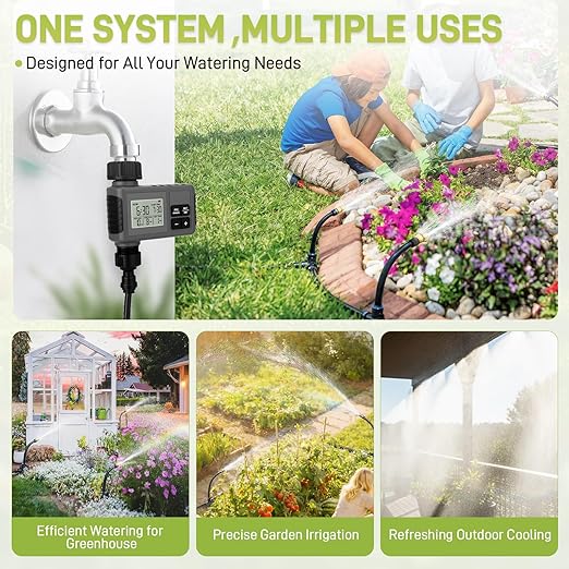 66FT Drip Irrigation Kit with Timer, Automatic Garden Watering System with Flexible 360° Bendable Hose & Adjustable Emitters, Drip Irrigation System for Greenhouse, Yard, Flower Bed, Lawn & Plants
