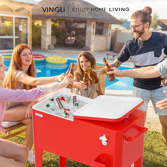 VINGLI 80 Quart Rolling Ice Chest, Portable Patio Party Bar Drink Cooler Cart, with Shelf, Beverage Pool with Bottle Opener