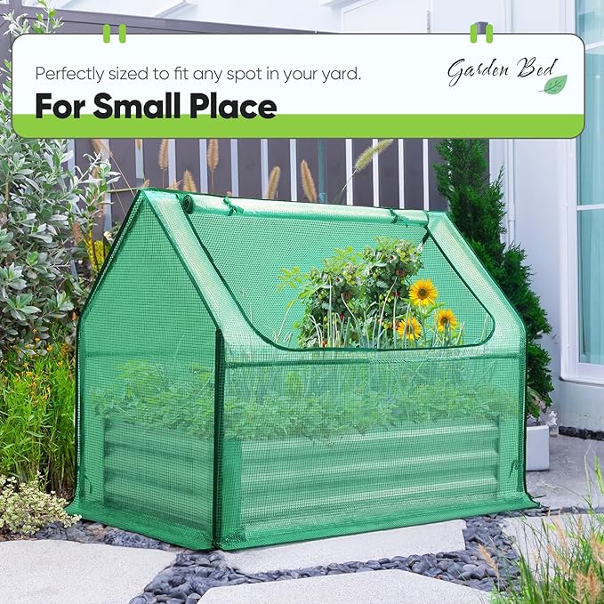 Quictent Raised Garden Bed with Cover Outdoor Galvanized Steel Planter Box Kit with Greenhouse Large Zipper Window Dual Use, 20pcs T-Type Tags & 1 Pair of Gloves Included 4x2.5x1 FT (Green)