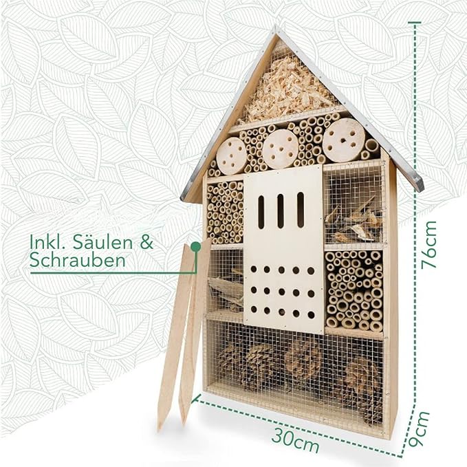 Insect Hotel XXL Standing - bee Hotel with Stand 30 inch, Metal roof - Large Wild bee Hotel - Insect House for Bees, Ladybugs and Butterflies | Insect Hotel kit