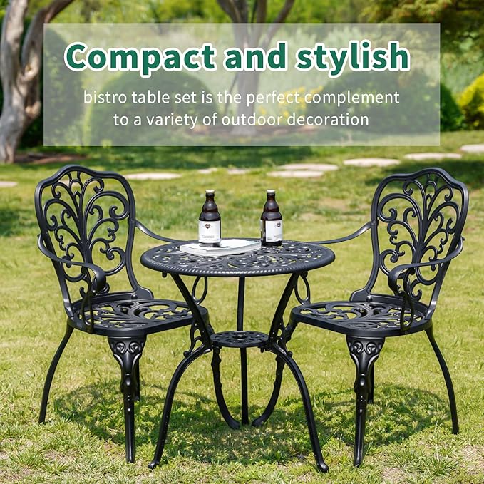 Outdoor Bistro Table and Chairs Set of 2, Outdoor Bistro Set 3 Piece with Umbrella Hole, Black Patio Bistro Sets Cast Aluminum for Balcony Porch Yard