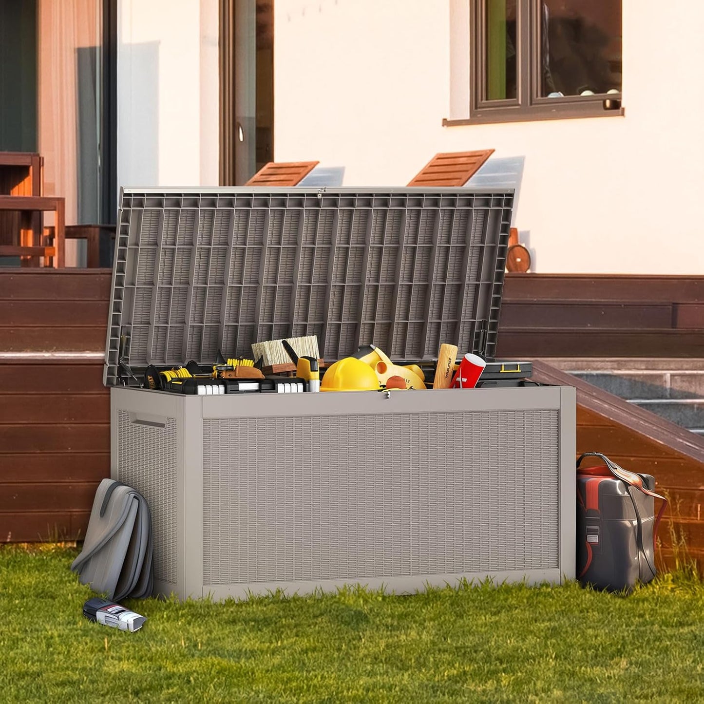 260 Gallon Outdoor Storage Box Waterproof, UV Resistant Resin Deck Box with Hydraulic Rod, Reinforced Stability for Patio, Garden, Rattan Gray