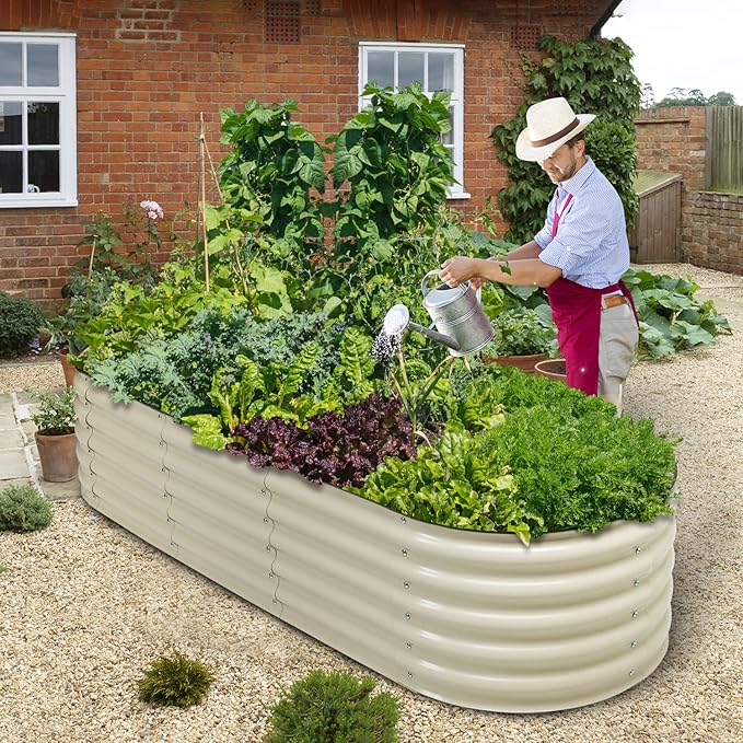 Aoodor 17" Tall Oval Galvanized Raised Garden Bed Kit, 6-in-1 Large Metal Outdoor Planter Box for Vegetables, Flowers, and Herbs, 7.5 x 2.3 x 1.5 Ft, Beige