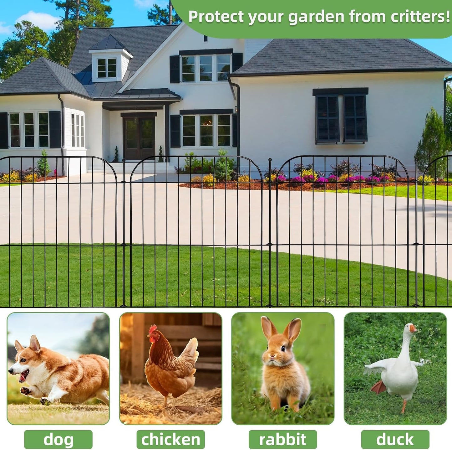 10 Panels No Dig Decorative Garden Fence with Gate, 24 in(H) x 20 ft(L) Rustproof Metal Wire Fencing Border for Yard Outdoor Decor, Temporary Animal Barrier with Stakes for Small Pets