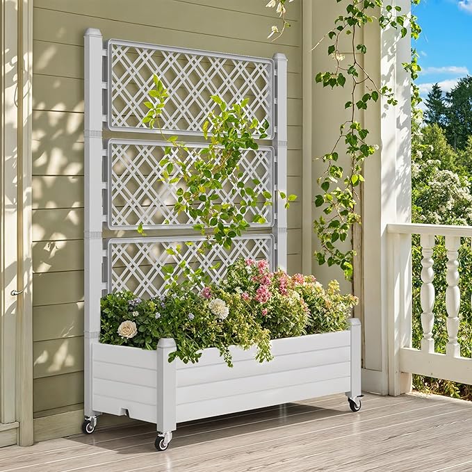 DWVO 3.6 x 1.5 x 5 FT Raised Garden Bed with Trellis, Large Outdoor Planter Trellis Box with Drainage Holes and Wheels for Climbing Plants, Grayish-White
