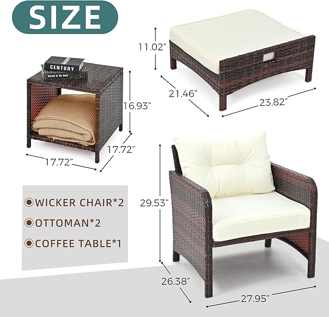 Pamapic 5 Pieces Patio Furniture Set, Rattan Balcony Furniture with Ottomans, PE Wicker Outdoor Patio Chairs Set with Coffee Table for Poolside, Porch, Lawn, Garden, Balcony(Beige)