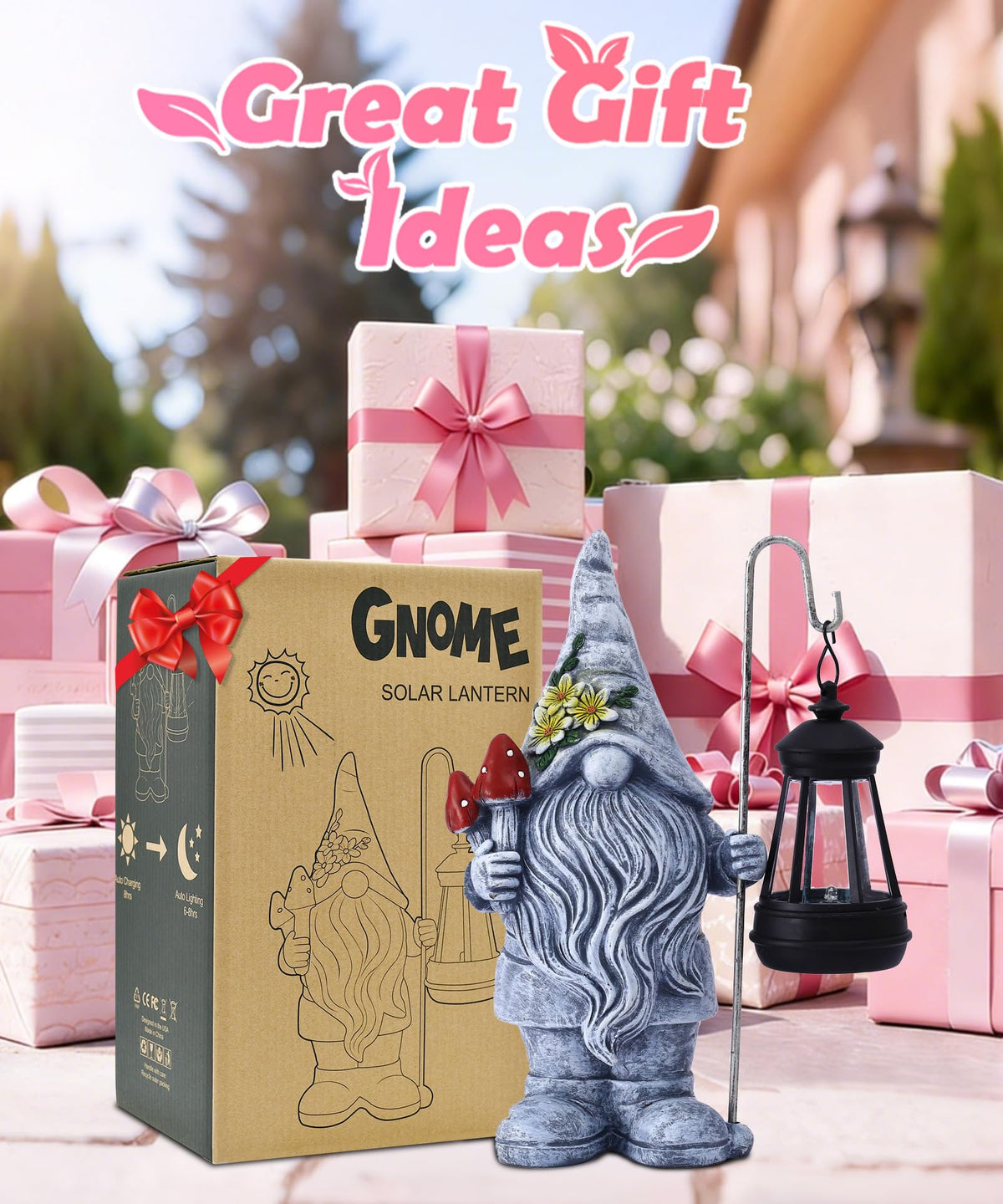 Garden Gnome Statue with Lantern (Mushroom Gnome)