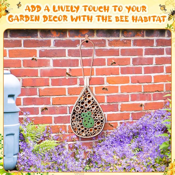 2 Pcs Mason Bee House Hanging Bee Hives Wild Pollinator Bamboo Mason Bee Habitat Hotel with Tubes Beekeeping Supplies for Enhance Garden Productivity(Water Drop)