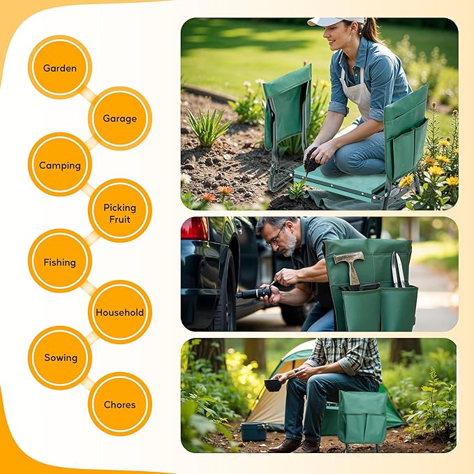 Simple Deluxe 2 Pack Garden Kneeler and Seat, Foldable Kneeling Stool with Thicker EVA Foam Pad Heavy Duty Bench, with Tool Pouch, Gifts for Outdoor Gardening, Fishing, Green, Arbor Day Gift