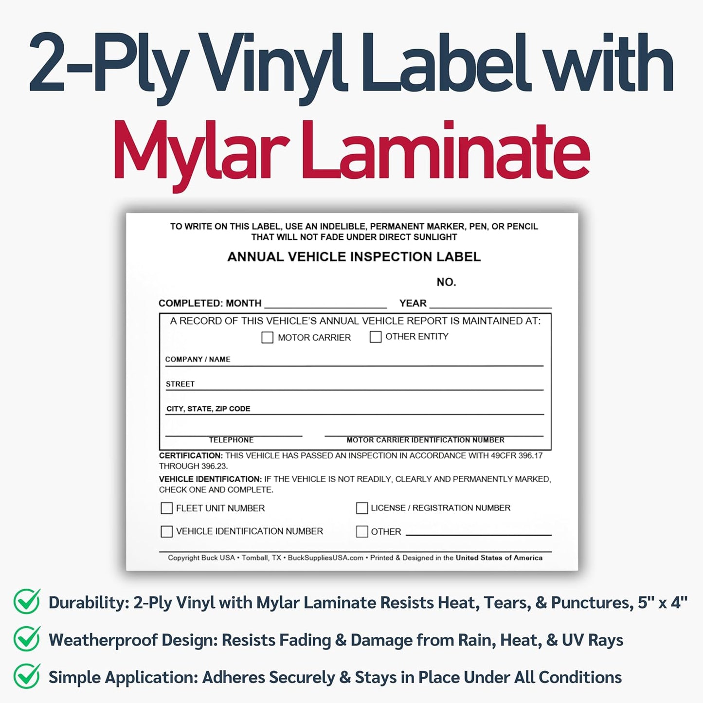 100 Pack 3-Ply Carbonless Annual Vehicle Inspection Report Forms with FMCSA Red Aluminum Labels & White Mylar Laminate Vinyl Labels, DOT Inspection Forms and Stickers, Shrink-Wrapped, 8.5" x 11.75"
