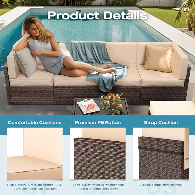 Pamapic Patio Furniture Set, 7 Pieces Modular Outdoor Sectional, Patio Sectional Sofa Conversation Set, Rattan Sofa with Coffee Table and Washable Cushions Covers (Brown Sugar)