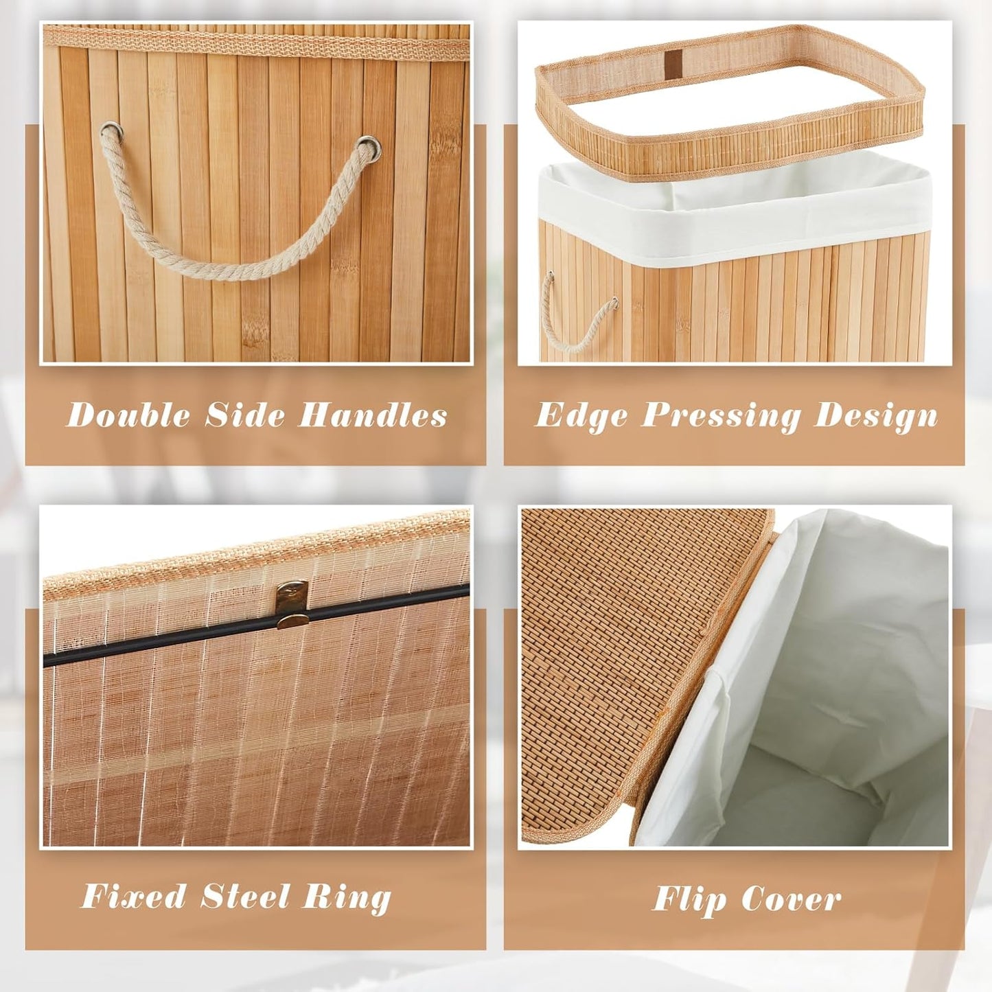 Bamboo Slim Trash Can with Lid, 21 Gallon Large Foldable Slim Rectangular Garbage Can Bamboo Waste Basket for Bathroom Bedroom Office Home Salon Spa