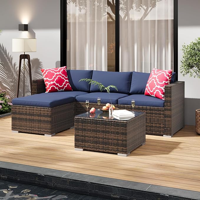 GAOMON 5-Piece All-Weather Patio Furniture Set, Convertible Outdoor Sectional Sofa with Ottoman & Tempered Glass Table, PE Rattan Conversation Set for Garden, Backyard, Porch, Poolside