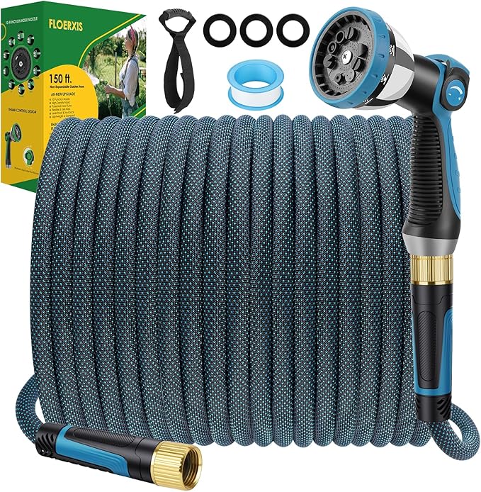 Non-Expandable Garden Hose 150 FT, Lightweight Hose with 10 Function Spray Nozzle, Kink-Free Flexible Water Hose, Durable, Leak-Proof, 360° Swivel Connectors, Portable Storage Strap