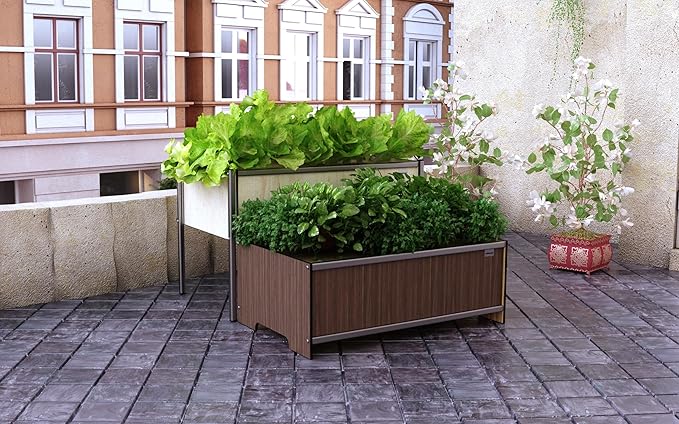 Foreman Raised Garden Bed 10 Year Warranty 36”Lx12”Wx14”H Premium Plastic Wood Grain Aluminum Frame Elevated Planter Box for Backyard Patio Balcony, Tosca