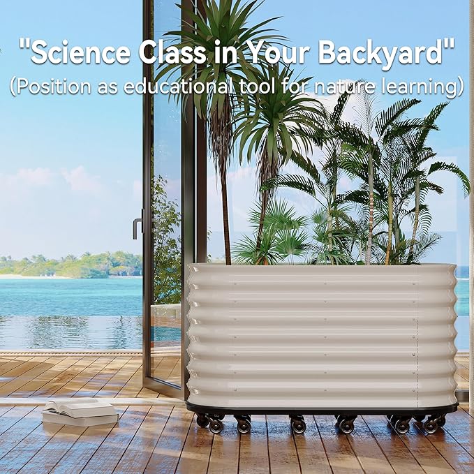59x24x28 in Galvanized Raised Garden Bed with Wheels & Water Reservoir – Durable Outdoor Planter Box, Elevated Raised Beds for Gardening, Portable Garden Box for Indoor/Outdoor Plants,White