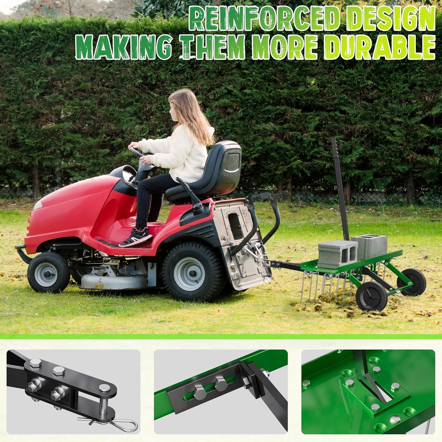 48 Inch Green Tow Dethatcher with 24 Spring Steel Tines, Pull Behind Dethatcher for Outdoor Yard Care, Garden Farm Grass Tractor Rake to Remove Thatch, Leaves and Needles from Large Lawn Areas
