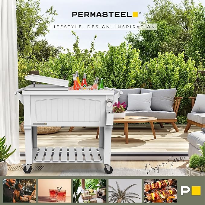Permasteel Party Cooler with Divider, Spacious 80-Qt Capacity, Chills 36hrs, Serving Tray, Rolling Ice Chest for Indoor and Outdoor Entertainment, Matte White