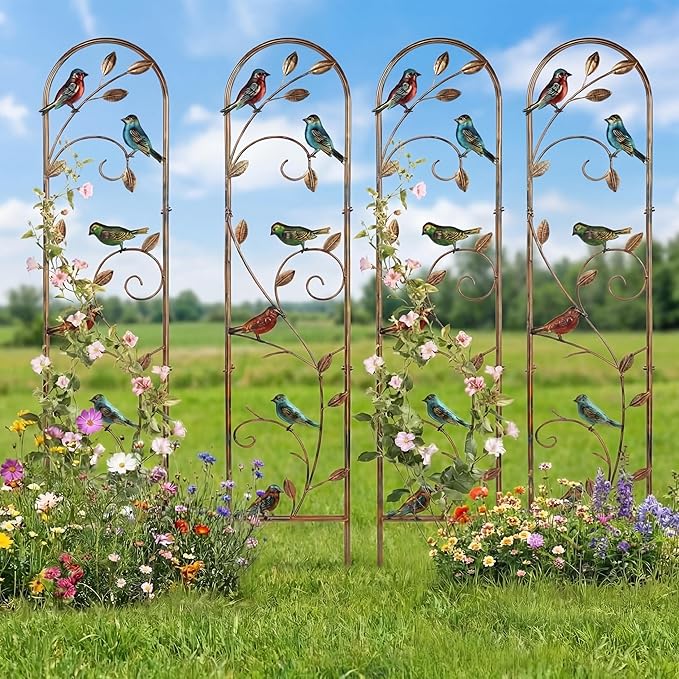 Blulu 4 Pack Metal Garden Trellis for Climbing Plants, 60x11 Inch Detachable Rustproof Arched Fence Flower Vegetable Plant Stand for Outdoor Patio Yard Lawn Decorative(Hummingbird)
