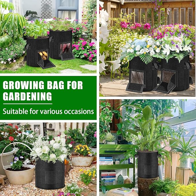 MJZ 5 Pack 10 Gallon Potato Grow Bags with Harvest Observation Windows, 380G Thickened Potato Bags for Growing Potatoes, Heavy Duty Nonwoven Fabric Garden Growing Containers to Grow Vegetable Tomatoes