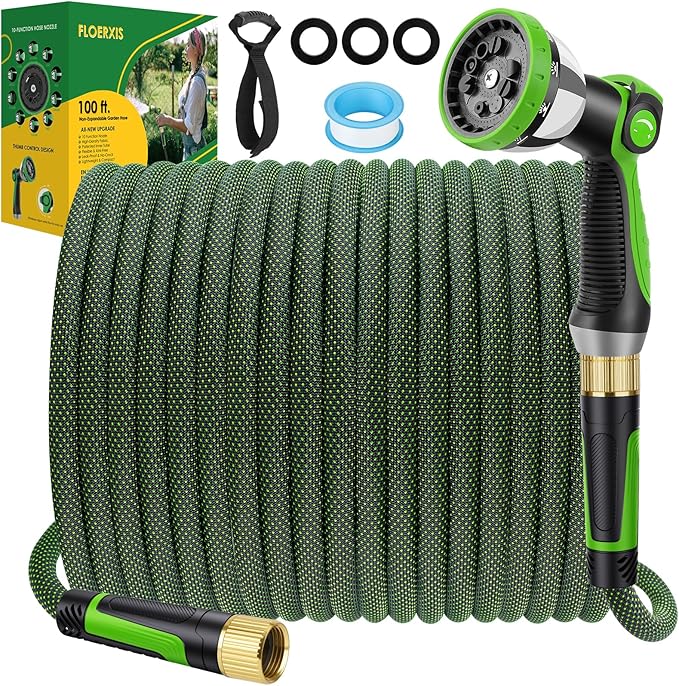 Non-Expandable Garden Hose 100 FT, Lightweight Hose with 10 Function Spray Nozzle, Kink-Free Flexible Water Hose, Durable, Leak-Proof, 360° Swivel Connectors, Portable Storage Strap