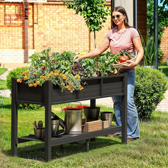 DWVO 48x18x30in Raised Garden Bed Kit, HDPE Planter Box Stand, Poly Wood Weather-Resistant Planter Box with Legs & Storage Shelf, Elevated Garden Bed for Backyard, Patio, Balcony,Black
