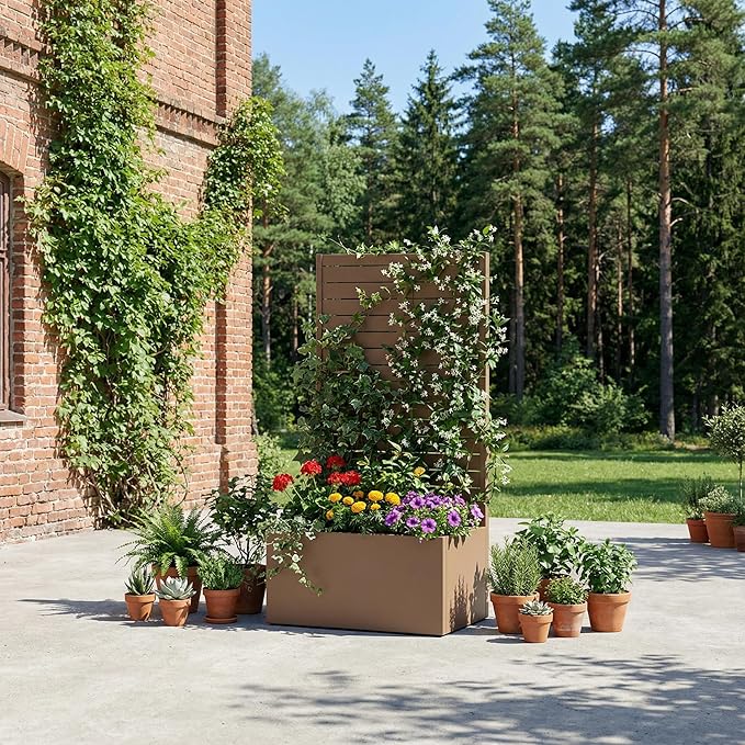 Casaphoria Metal Raised Garden Bed with Trellis, 59"x30"x12" Planter Box for Climbing Plants, Vegetables & Vines, Features Drainage Holes and Privacy Screen (Black-Louvered)