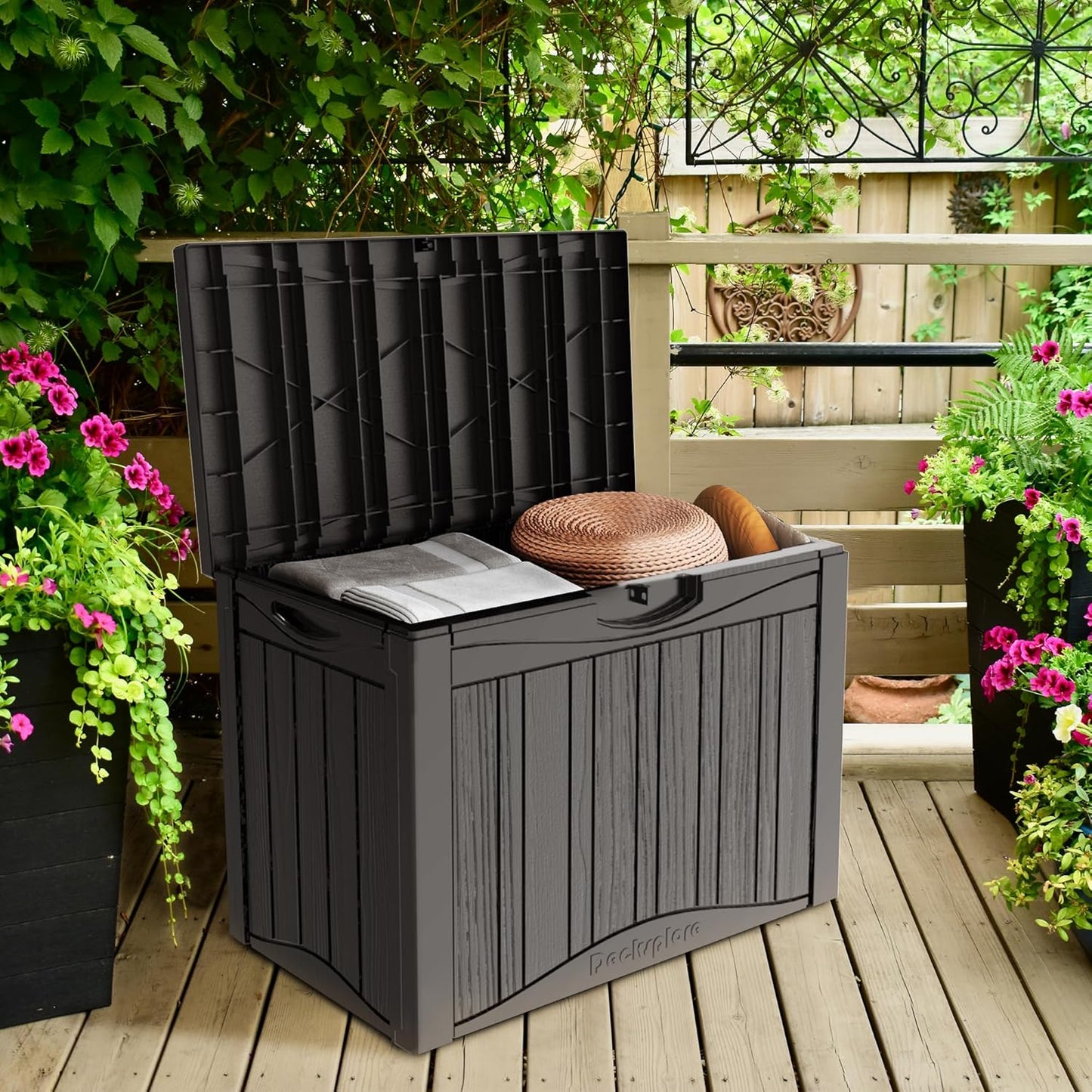 45 Gallon Deck Box, Resin Outdoor Indoor Waterproof Storage Box, Lockable Storage Box With Handle for Patio Furniture - Garden Tools - Swimming Pool Tools UV-Resistant, Brown