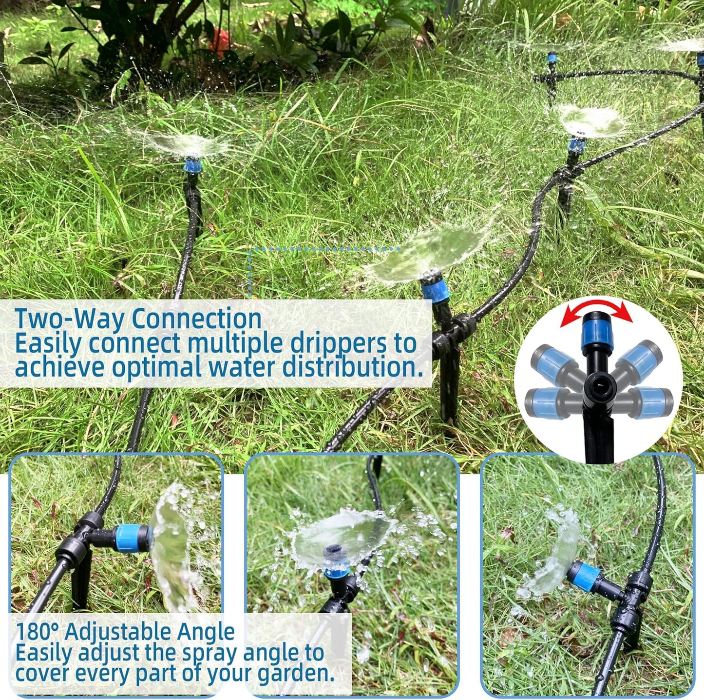 20PCS Push-to-Fit Drip Irrigation Emitters for 1/4 inch Irrigation Tubing, Two-Way Connection Adjustable Vortex Drip Emitters with Stake, Irrigation Dripper Sprinklers for Drip Irrigation System