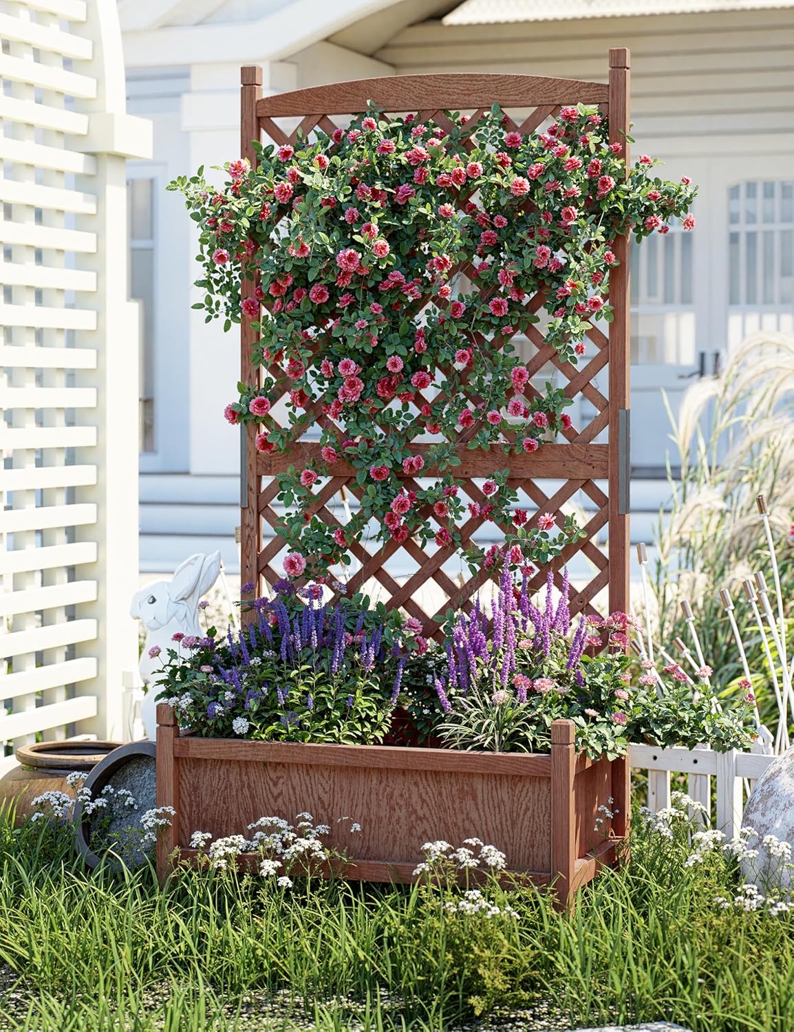 29.5" x 13"x 61.5" Wood Planter Box With Trellis For Plant & Flower, Raised Garden Bed With Wheels, Standing Vertical Horticulture Trellis Planter With Drainage Holes for Patio Garden, 2PCS