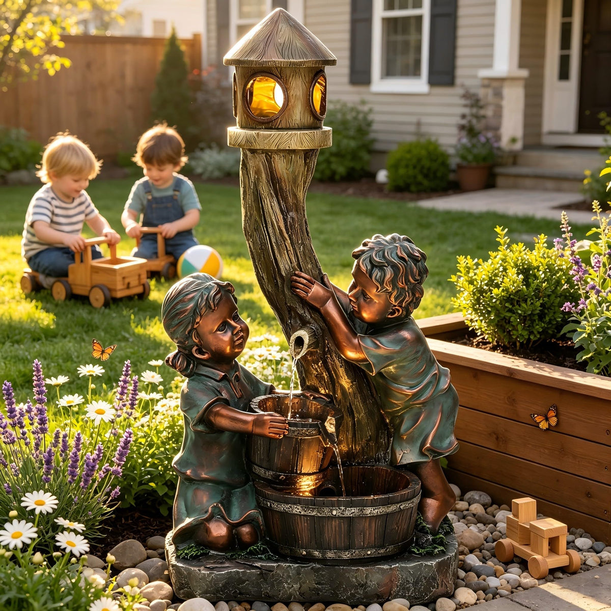 AUTODAYA 31" Boy and Girl Outdoor Fountain LED 3 (31"h Bronze)