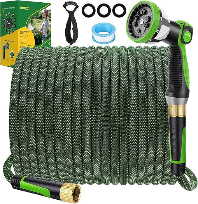 Non-Expandable Garden Hose 25 FT, Lightweight Hose with 10 Function Spray Nozzle, Kink-Free Flexible Water Hose, Durable, Leak-Proof, 360° Swivel Connectors, Portable Storage Strap