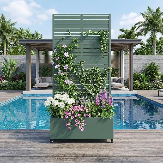Casaphoria Metal Raised Garden Bed with Trellis and Wheels, 72"x35"x16" Planter Box for Climbing Plants, Vegetables & Vines, Features Drainage Holes and Privacy Screen, Drak Green-Louvered