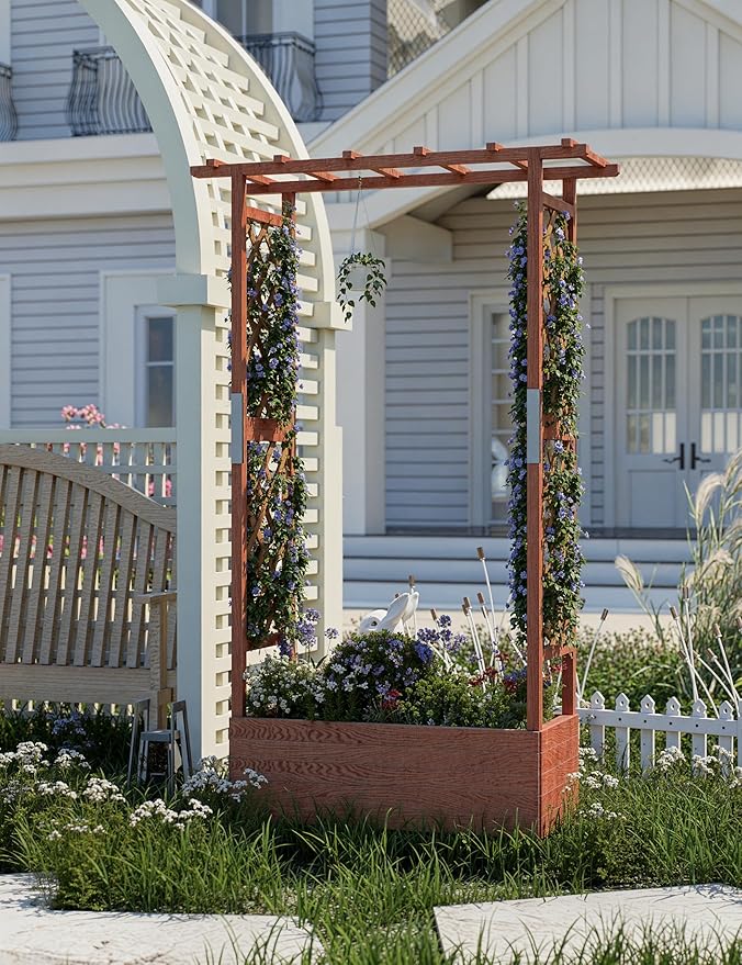 GarveeLife Raised Garden Bed with Trellis, 45 in Wood Planter Box with Side Trellis, Hanging Roof, and 4 Drainage Holes, Freestanding Elevated Garden Bed for Climbing Plants, Vines, Flowers