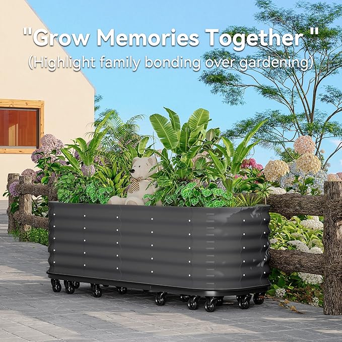 95x24x20 in Galvanized Raised Garden Bed with Wheels & Water Reservoir – Durable Outdoor Planter Box, Elevated Raised Beds for Gardening, Portable Garden Box for Indoor/Outdoor Plants, Gray
