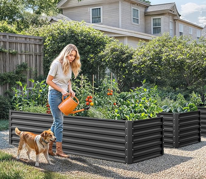 YITAHOME 6x3x2ft Outdoor Raised Garden Bed Kit, Large Metal Patio Planter Box with Gloves, Support Rod for Plants Vegetables Flowers, Black