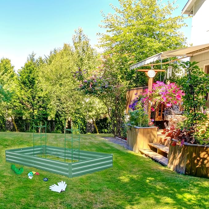 ONCEMORE Galvanized Raised Garden Bed for Vegetables Flowers Herbs, Metal Raised Garden Bed Kit with 2 PCS Tomato Cage, Gloves, Trellis Netting, Plant Labels, Plant Ties, Green 6×3×1FT