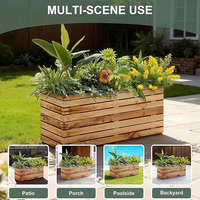 Rectangular Planters for Outdoor Plants, Large Planter Box with Drainage Holes, Metal Balck Palnters for Patio, Garden (32" L x 15" W x 16" H, Walnut Wood Grain)