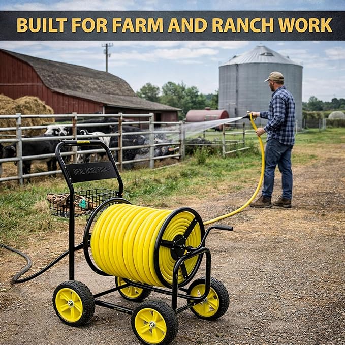 Heavy Duty Hose Reel Cart, Commercial Hose Reel with Wheels, Outdoor Water Hose Cart for Backyard, Farm & Ranch, or Contractor Use, Metal Hose Carts (4-Wheel, 400ft Capacity)