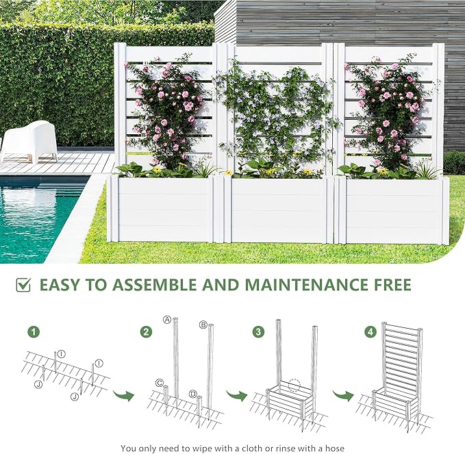 Casaphoria Raised Garden Bed with Trellis, 47"x24"x16" Planter Box with Open Bottom for Gardening Vegetables & Vines and Climbing Plants, White