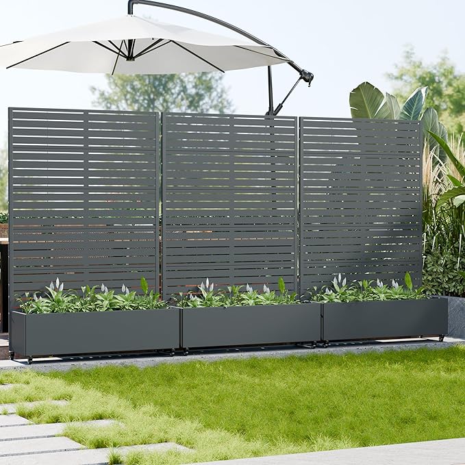 Casaphoria Metal Raised Garden Bed with Trellis and Wheels, 72"x47"x16" Planter Box for Climbing Plants, Vegetables & Vines, Features Drainage Holes and Privacy Screen, Drakgrey-Louvered