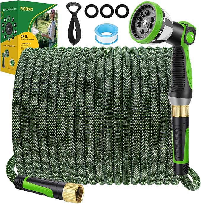 Non-Expandable Garden Hose 75 FT, Lightweight Hose with 10 Function Spray Nozzle, Kink-Free Flexible Water Hose, Durable, Leak-Proof, 360° Swivel Connectors, Portable Storage Strap