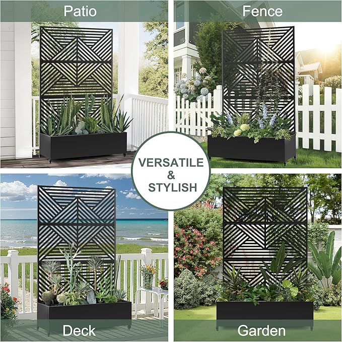 Standing Metal Planter Box with Trellis and Wheels for Climbing Plants, Raised Garden Beds with Drainage Holes, 47" L×16" W×71" H Privacy Boxes with Trellis (Black Zodiac)