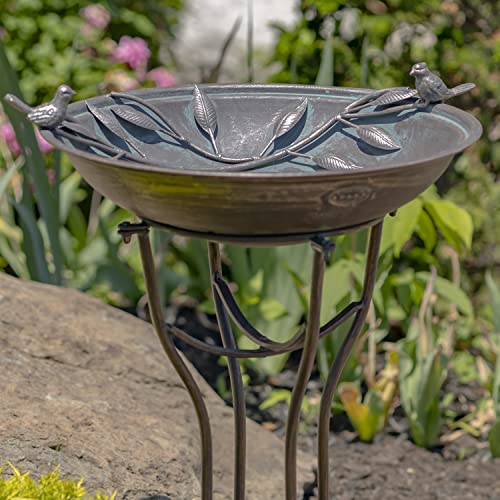 Deep Well Made Metal Birdbath with 2 Cast Iron Birds and Leaf Decoration