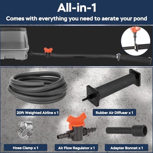 All-in-1 Koi Pond Aeration Kit Pond Air Pump with Self-Sinking Airline Rubber Air Diffuser, Air Flow Control Pond Aerator for Outdoor Pond 2,000-5,000 Gallons