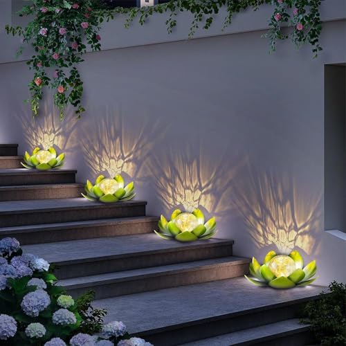 Solar Lights Outdoor Garden Decoration Crackle Globe Glass Waterproof LED Metal Green Lotus Flowers Gift for Mom (Green)